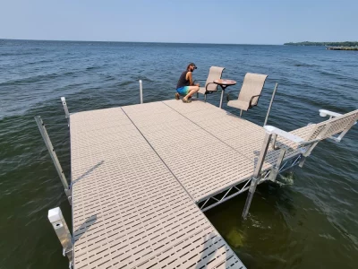 8' wide x 12' deep Patio, with Auger Poels, 4' Armed Bench, & Dock Furniture.